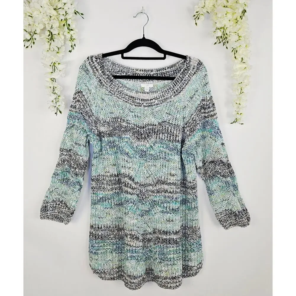 J Jill Marled Open Knit Tunic Sweater Size XL Cotton Blue Green Boho Winter Cozy